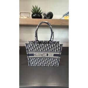Dior Medium Book Tote Ecru and Blue Dior Oblique Embroidery